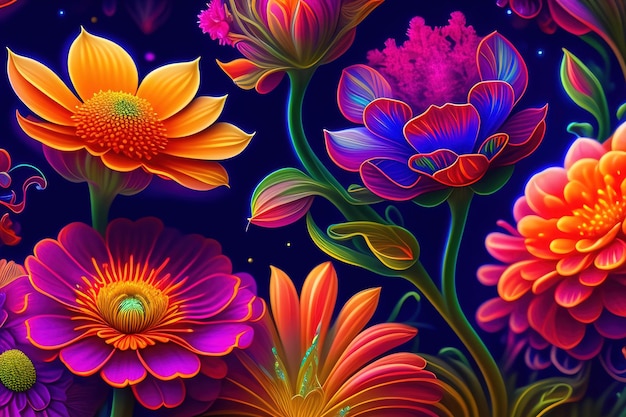 Un papel tapiz de flores de colores con un fondo negro y un fondo azul brillante.