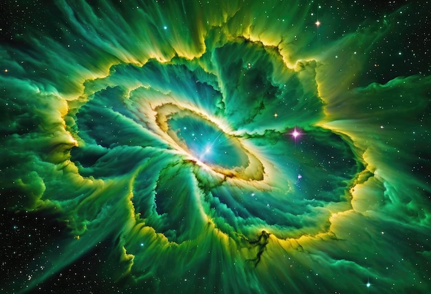 Un papel tapiz de fondo de supernova con una nebulosa de nube de galaxia espacial verde y amarilla