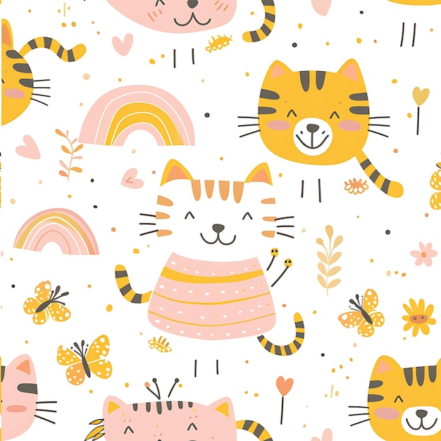 Foto un papel tapiz con gatos y flores y un gato