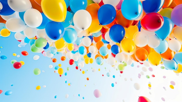 Foto papel tapiz globos vibrantes en el cielo azul pálido celebración festiva cumpleaños niños alegría al aire libre