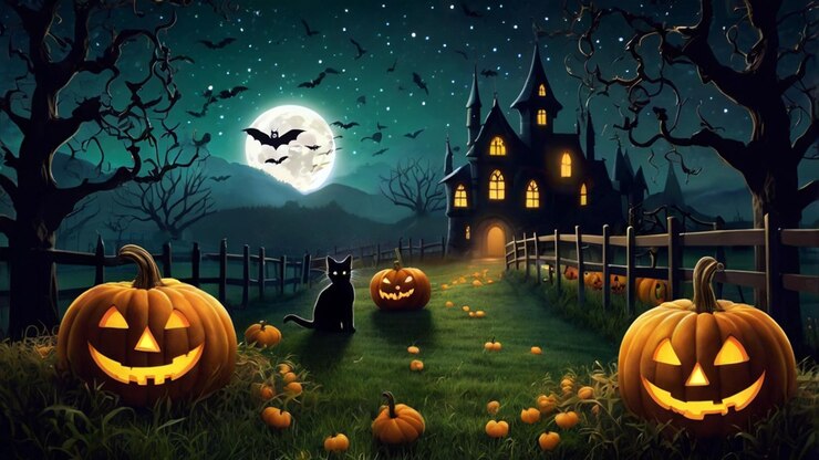 Papel tapiz de Halloween con una bruja volando en una escoba a través de un cielo nocturno estrellado oscuro