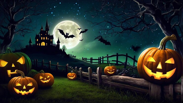 Papel tapiz de Halloween con una bruja volando en una escoba a través de un cielo nocturno estrellado oscuro