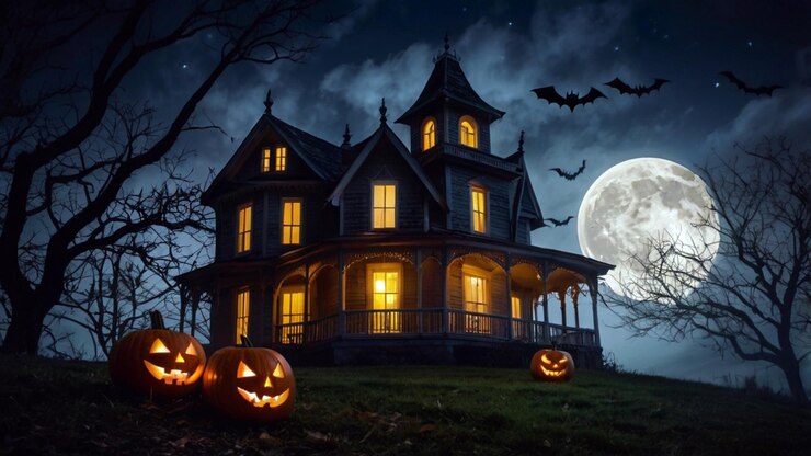 Papel tapiz de Halloween con una casa embrujada espeluznante en una colina bajo una luna llena