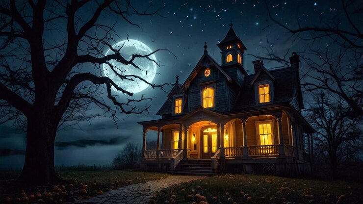 Papel tapiz de Halloween con una casa embrujada espeluznante en una colina bajo una luna llena