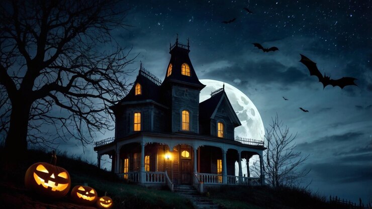 Papel tapiz de Halloween con una casa embrujada espeluznante en una colina bajo una luna llena