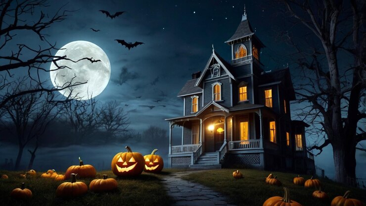 Papel tapiz de Halloween con una casa embrujada espeluznante en una colina bajo una luna llena