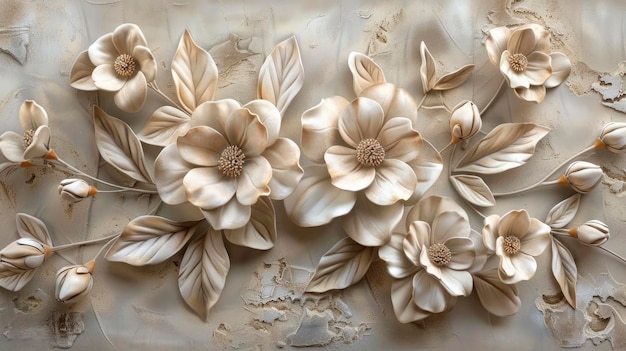 Foto papel tapiz con hermosas flores y hojas fondo de pared elegante con textura de yeso y estuco