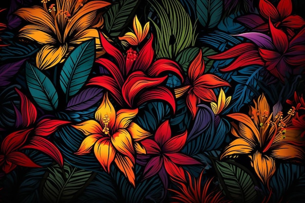 Un papel tapiz de hojas y flores tropicales