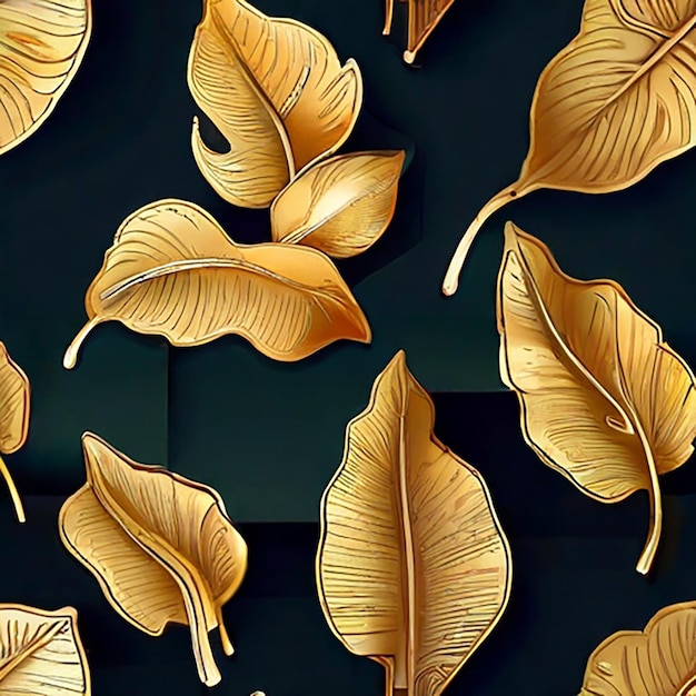 Papel tapiz de hojas tropicales Diseño de patrones de hojas de naturaleza de lujo Artes lineales de hojas de plátano doradas Contorno dibujado a mano