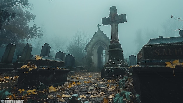 El papel tapiz inclinado de un cementerio cubierto de niebla
