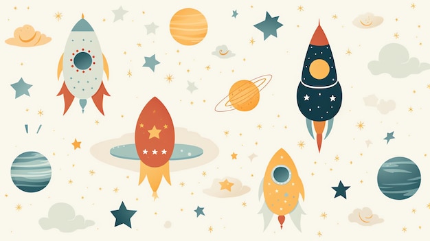 Papel tapiz infantil de cohetes y galaxias, fantasía, diseño plano, arte colorido.