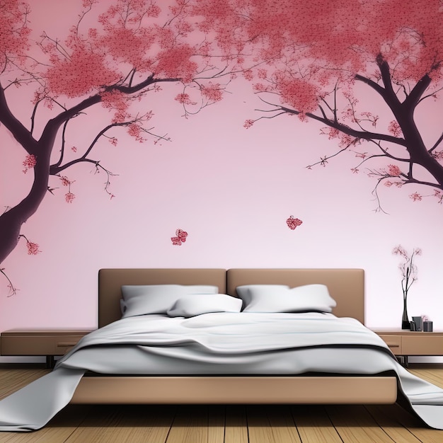 Papel tapiz interior renderizado en 3D, diseño interior moderno con árboles y flores.
