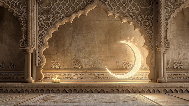 Un papel tapiz de la mezquita con una vela y la luna Celebración para el mes sagrado musulmán de Ramadán Kareem