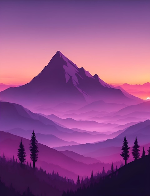 El papel tapiz de la montaña de niebla es de tono púrpura.