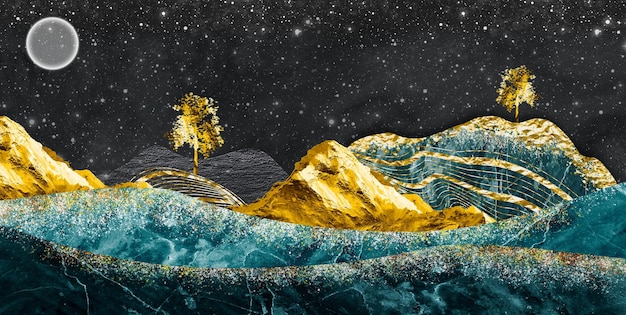 Papel tapiz mural de arte moderno 3d paisaje nocturno con montañas turquesas oscuras fondo negro oscuro