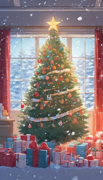 Foto papel tapiz de navidad acogedor y relajante con árbol de navidad e ilustración de decoración de cajas de regalos
