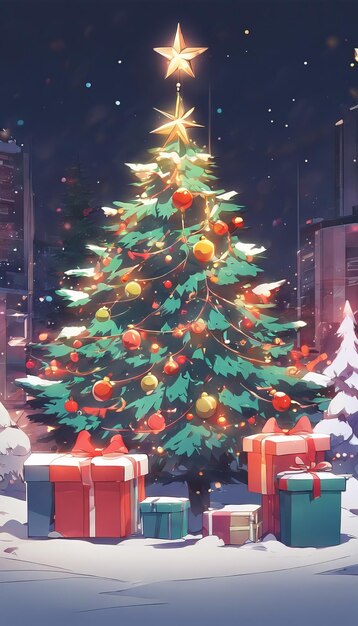 Foto papel tapiz de navidad acogedor y relajante con árbol de navidad e ilustración de decoración de cajas de regalos