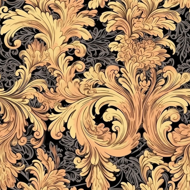 un papel tapiz negro y dorado con un patrón de hojas giratorias generativas ai