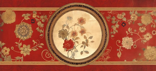 un papel tapiz oriental con adornos dorados ornamentados y flores rojas al estilo de un fondo minimalista