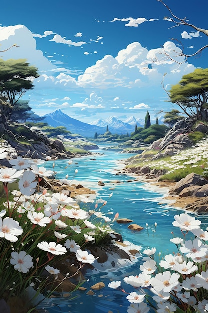 un papel tapiz de paisaje 3D que muestra flores y hierba en el campo en el estilo de un paisaje fluvial romántico