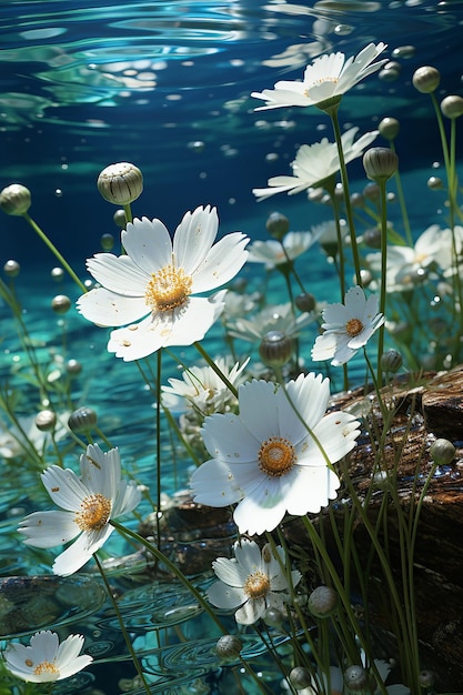 un papel tapiz de paisaje 3D que muestra flores y hierba en el campo en el estilo de un paisaje fluvial romántico