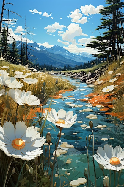 un papel tapiz de paisaje 3D que muestra flores y hierba en el campo en el estilo de un paisaje fluvial romántico