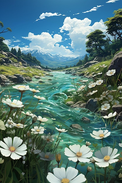 un papel tapiz de paisaje 3D que muestra flores y hierba en el campo en el estilo de un paisaje fluvial romántico