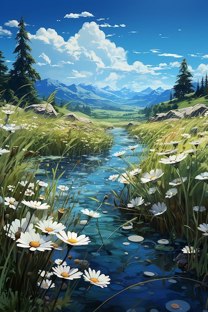 un papel tapiz de paisaje 3D que muestra flores y hierba en el campo en el estilo de un paisaje fluvial romántico