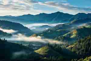 Foto papel tapiz de paisaje de montaña y bosque con niebla