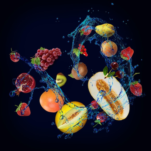 Papel tapiz panorámico con frutas en el agua uvas frescas pera fresas melón pomelo kiwi están llenos de vitaminas que constituyen la dieta y la salud humana