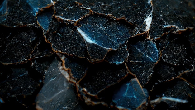 Papel tapiz de piedra de mármol negro abstracto con grietas azules brillantes