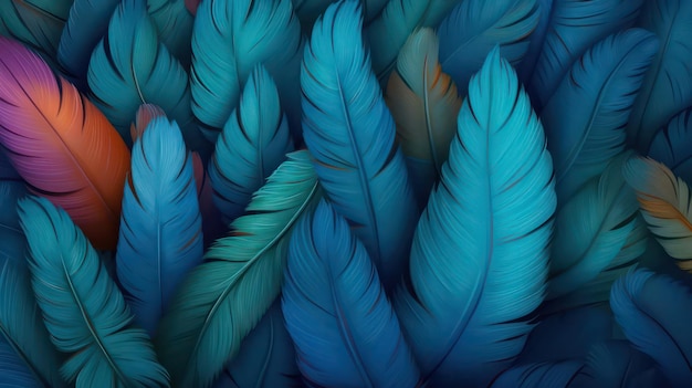 Foto un papel tapiz de plumas azules con un fondo oscuro y un fondo de plumas azul