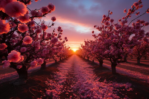 El papel tapiz de la puesta de sol del huerto de cerezos en flor