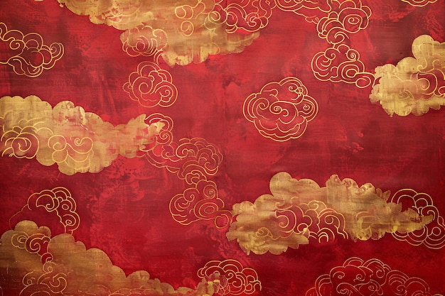 un papel tapiz rojo y dorado con nubes y nubes
