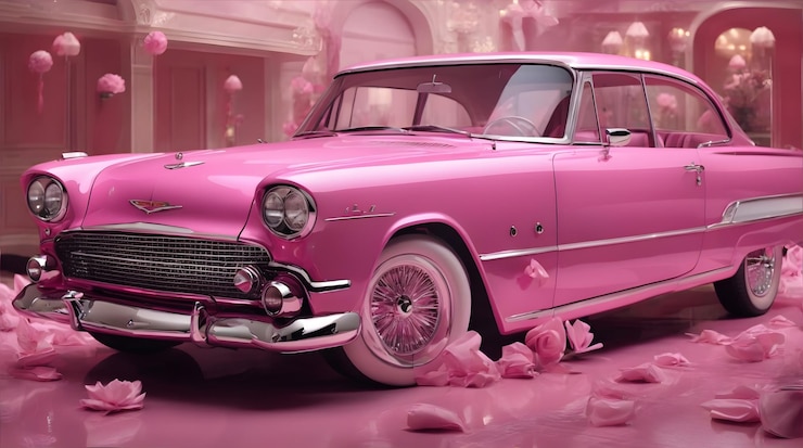 Foto un papel tapiz rosa de coche clásico generado por ai