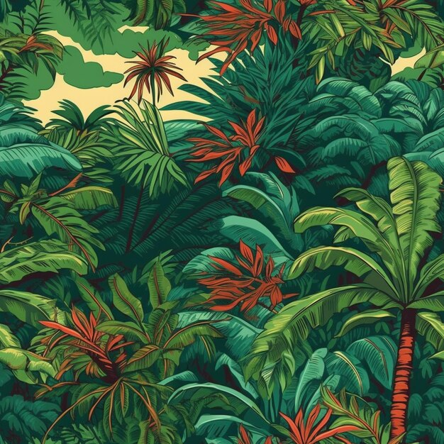 Un papel tapiz de la selva tropical verde y rojo con palmeras generativas ai