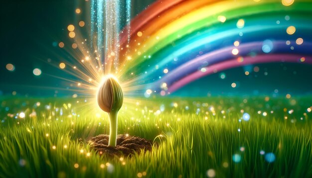 Foto papel tapiz con semillas germinando arco iris y chispas de primer plano en el crecimiento de la hierba y la magia brillante
