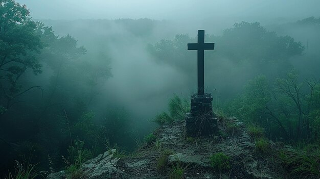 Foto un papel tapiz solitario en el bosque envuelto en la niebla