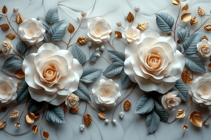 Papel tapiz de techo imprimible en 3D para espacios interiores con elegantes y hermosas rosas blancas