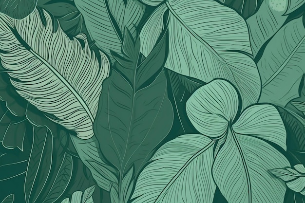 Un papel tapiz verde con un patrón de hojas tropicales.