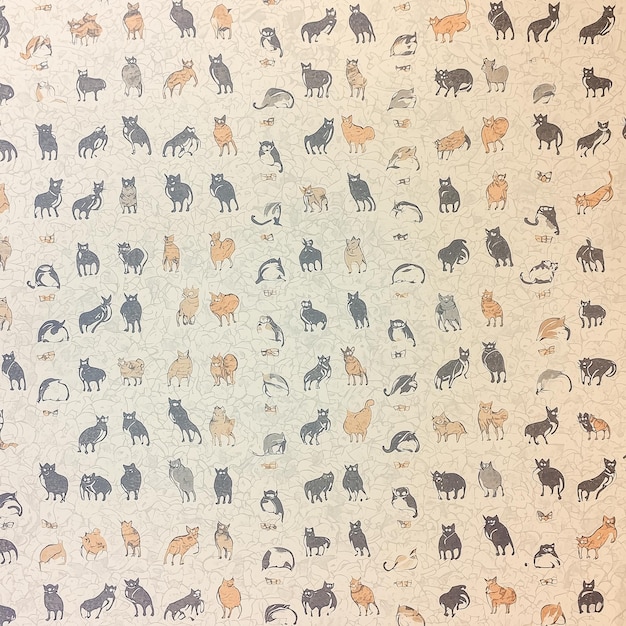 Papel tapiz vintage con encanto antiguo utilizando una textura repetitiva de cientos de pequeñas ilustraciones de gatos de colores suaves