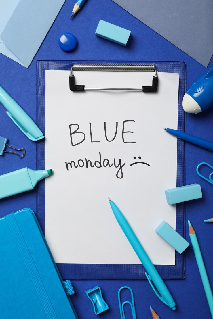 Papel con texto Blue Monday y papelería en la vista superior de fondo azul