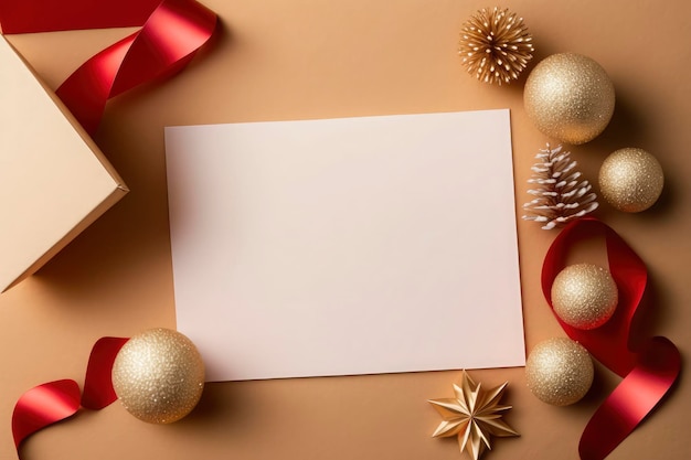 Papel vacío en blanco para Navidad o tarjeta de felicitación de año nuevo Cajas de regalo decoraciones navideñas sobre fondo dorado vista superior Estilo plano laico foto de stock Carta de Navidad