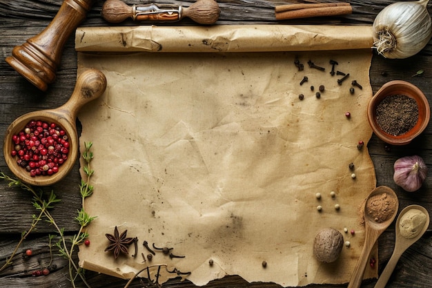 Papel velho para receitas e especiarias em mesa de madeira