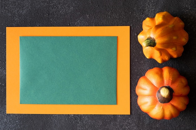 Papel verde vacío para maquetas de diseño de plantilla y calabazas decorativas sobre fondo oscuro