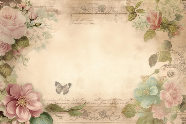 Papel vintage com flores e uma borboleta.