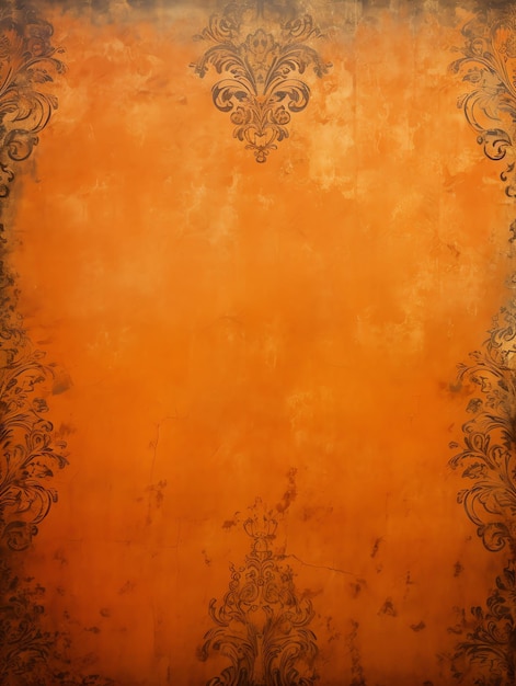 Papel vintage con patrón de damasco antiguo naranja con fondo de detalles dorados, papel de pared