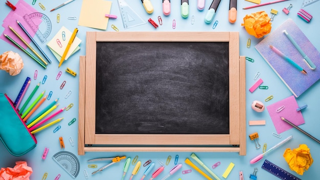 Papelaria escolar e quadro-negro em um fundo azul de volta à foto criativa da escola