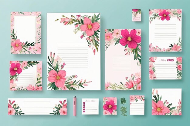 Foto papelaria rosa com flores e elementos florais