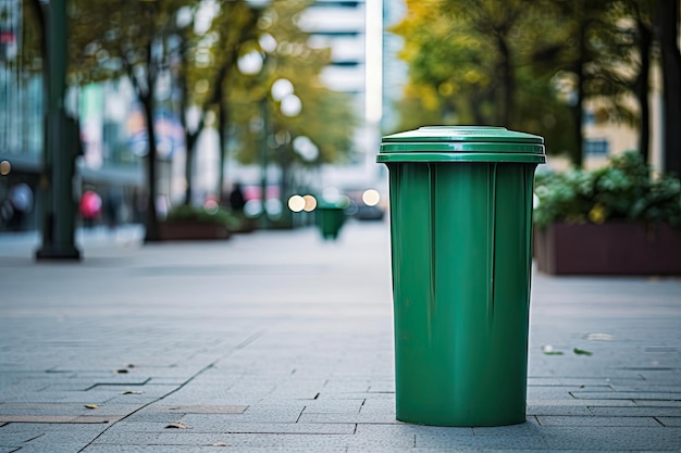 Papelera de reciclaje verde en la calle IA generativa